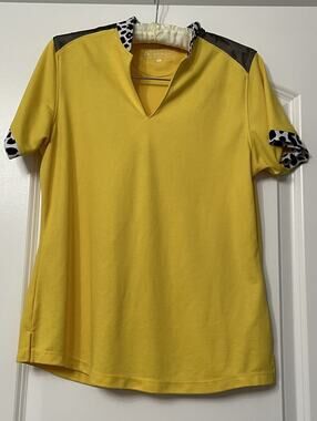 Bermuda Sands Womens Golf Polo Shirt Med. Yellow Animal Print Trim Short Sleeve